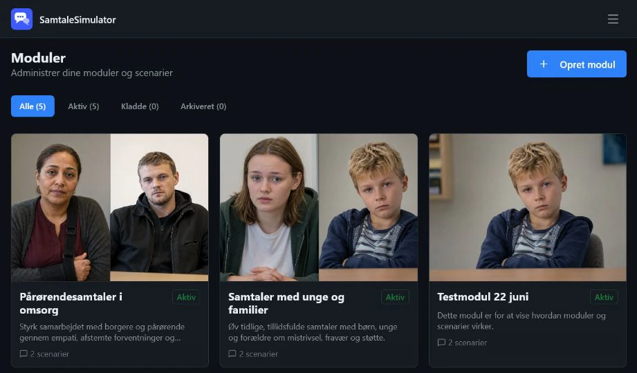 Den fagligt ansvarliges moduloversigt med flere administrerede moduler og scenarieantal