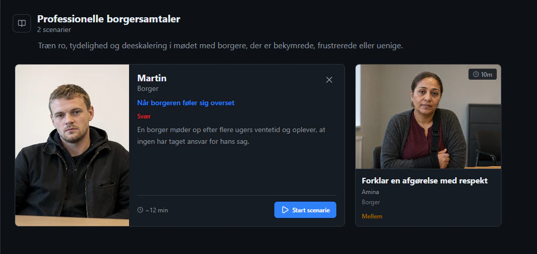 Udvidet scenarie med Martin, beskrivelse, sværhedsgrad og knappen Start scenarie