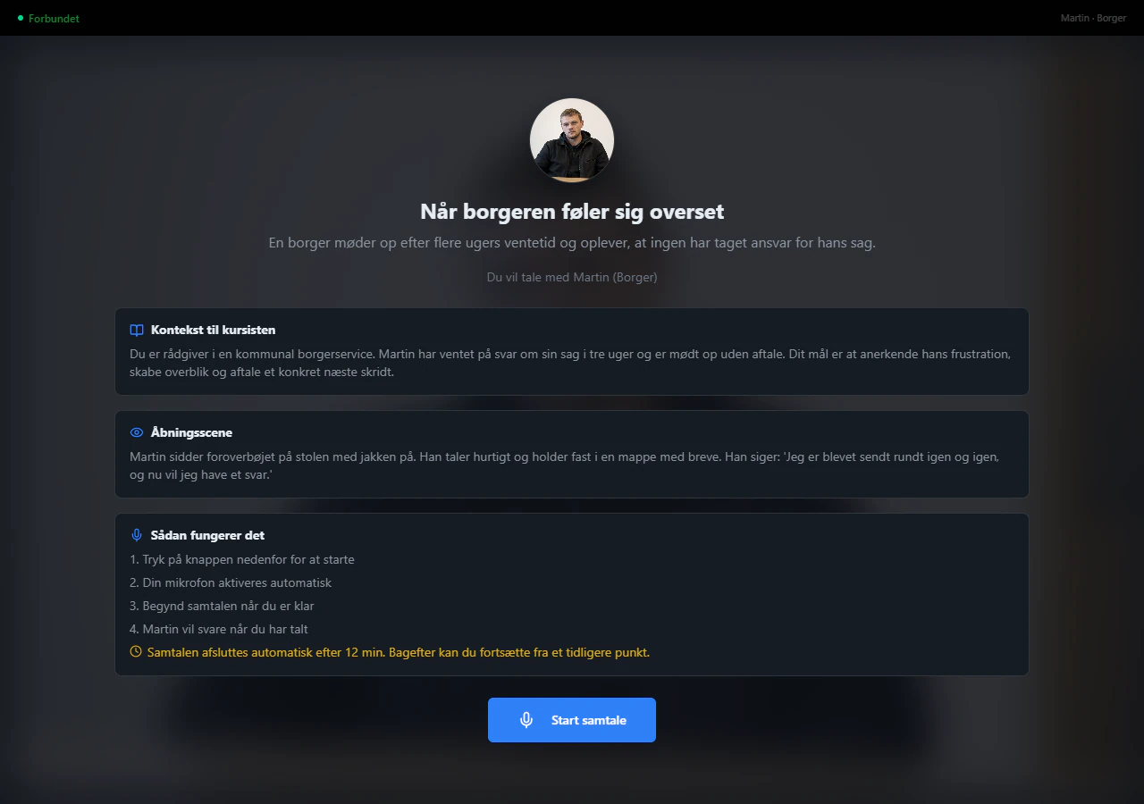 Kontekst, åbningsscene og instruktioner før en AI-samtale med Martin